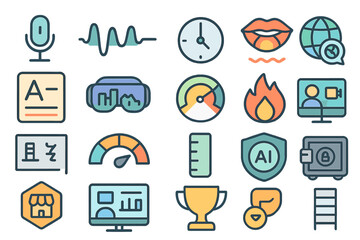 Diverse set of icons representing technology, communication, and measurement in a colorful design