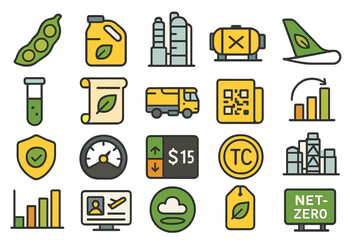 Circular economy icons illustrating sustainable practices in various industries and processes for environmental awareness