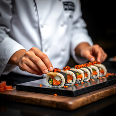 Chef preparing salmon sushi rolls, garnishing with tobiko, dark background, restaurant food photography