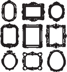Ornate Black Picture Frames Vector Set, Vintage Decorative Silhouettes
