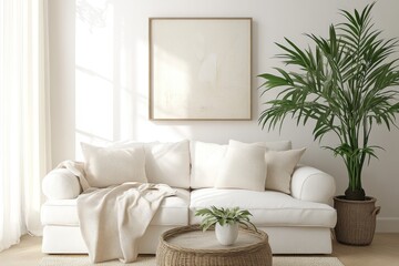 Naklejka premium White living room with beige accents and art