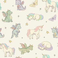 Cute Cartoon Dragon and Unicorn Seamless Pattern, Whimsical Vector Character