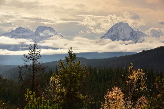 Peaks Geraldine, Fryatt N4, Fryatt, in the Fryatt Group mounts jutting among the clouds from the Athabasca River Valley. Jasper NP-Alberta-Canada-262