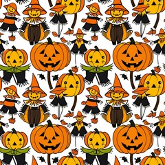 illustrated scarecrows and pumpkins