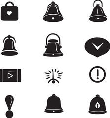 Black and White Icon Set: Bells, Heart, Video, Alert, and Notification