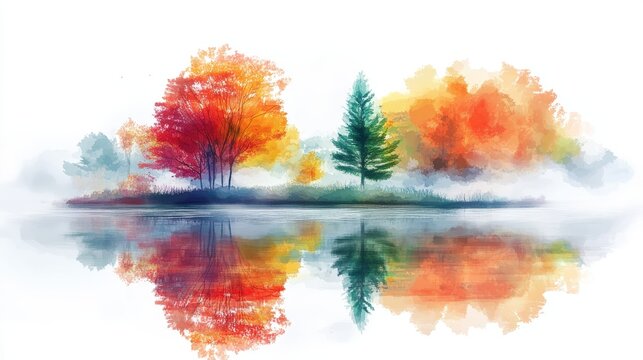 Colorful autumnal trees mirrored in a tranquil lake.