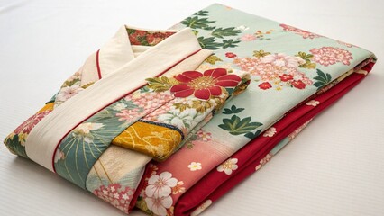 Traditional Japanese kimono gracefully displayed on clean neutral background