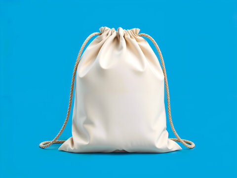 Drawstring cotton bag on blue background, ideal for eco-friendly packaging or product mockup. Generative AI