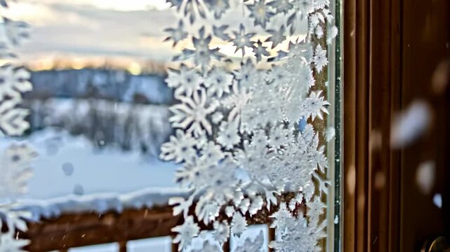 Close-up of festive snowflake window cling decals with snowy landscape view, adding a winter wonderland feeling to any room decor.