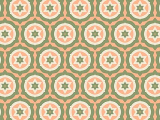 A repeating pattern of circular designs.  Each circle features a six-pointed star, in peach, green, and cream colors.  It's a geometric, symmetrical design.