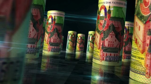 Belarus money Belarusian rubel rolls loop 3d. Money on table. Seamless and loopable abstract concept of economy, finance and business. Camera between 100 BYN rolled banknotes.