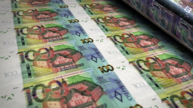 Belarus money Belarusian rubel banknotes printing roll machine loop. Paper 100 BYN bank note print 3d looping seamless. Abstract concept of banking, finance, economy and crisis.