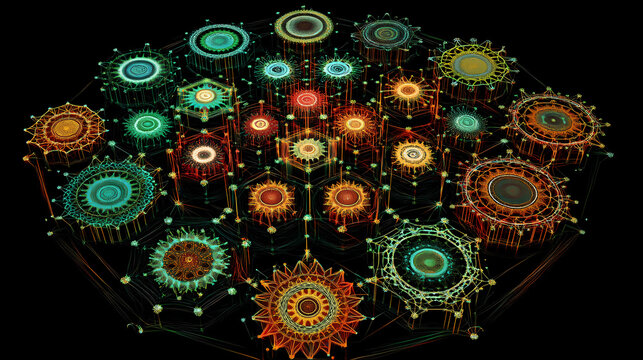 code streams data visualizations mandala patterns sacred geom. [Neon Folktales] | Pixel Totems | sacred code. Illustration