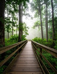 Fototapeta premium Misty forest walkway: serene wooden pathway through lush greenery in tranquil foggy landscape