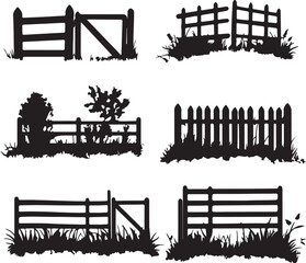 Fototapeta premium Fence Silhouette Vector Art: Rustic Wood Fences, Farm & Garden Design