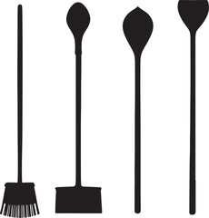 Black Silhouette Cleaning Tools: Broom, Scraper, Spoon, and Spatula