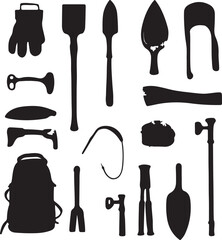 Fototapeta premium Black Silhouette Garden Tools: Gloves, Trowels, Shovels, and Backpack