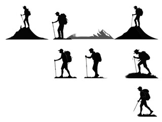 Fototapeta premium Silhouettes of hikers with backpacks and hiking poles on various terrains in a monochrome design
