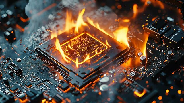 Flames erupt from a computer chip showing dramatic effects of overheating in close-up view