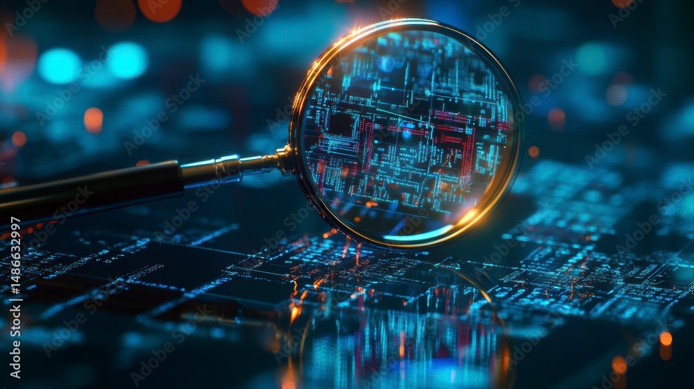 Poster magnifying glass inspecting a circuit board's intricate details.