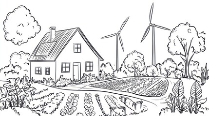 Obraz premium Rural Farmhouse with Wind Turbines and Garden