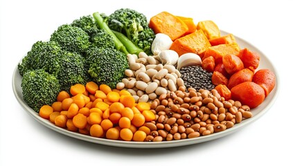 Colorful platter of diverse vegetables and legumes.  A variety of colorful, healthy ingredients including broccoli, sweet potato, carrots, garlic, beans, and seeds.  A balanced meal presentation