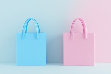 Two pastel-colored shopping bags, light blue and pink, against a gradient background