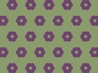 A repeating pattern of stylized purple flowers on a light green background.  The design is simple and geometric.
