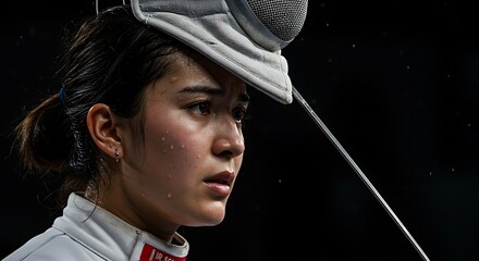 Intense Fencing Athlete Determination and Focus of Female Fencer Concentrating During Competition, Wearing Protective Gear