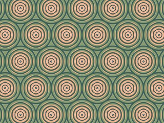 A repeating pattern of concentric circles.  Peach and green circles are arranged in a grid on a dark green background.