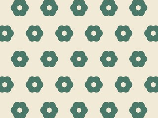 A repeating pattern of stylized flowers.  Teal flowers with a hexagonal center are arranged on a cream background.
