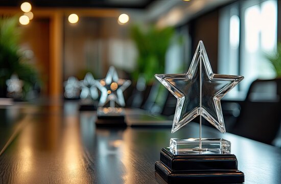 Clear star-shaped awards on a conference table