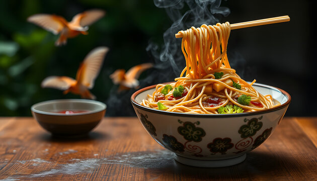 Delicious flying food, flavorful Chinese noodles, and crispy trepan food.. with white shades