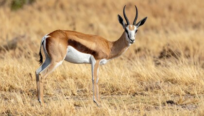 Naklejka premium Springbok Gazing: A majestic springbok stands poised, its elegant horns and distinctive coat blending seamlessly with the golden savanna, a symbol of African wildlife
