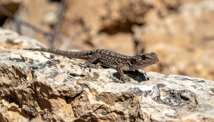 Naklejka premium Lizard sunbathing on a rock: An alert lizard basks in the sun's warm embrace, perched on a rugged rock, its textured skin blending seamlessly with the natural environment, a moment of perfect harmony.