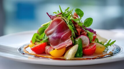 Vibrant salad with prosciutto and fresh vegetables.