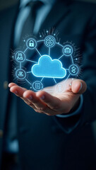 Man holding cloud network graphic, a symbol of data security and technology innovation. The image captures a person in a suit, holding a digital cloud graphic