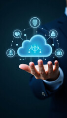 A man holding a cloud computing diagram, showcasing data management and technological innovation