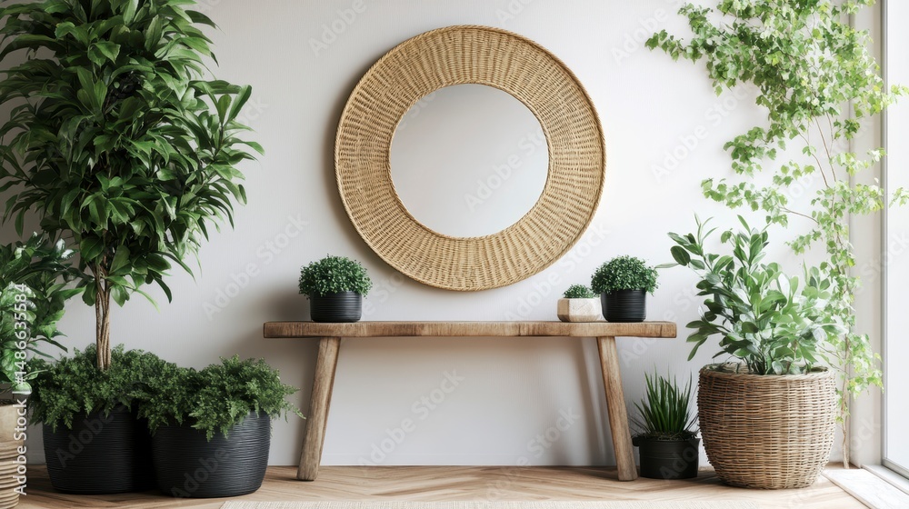 Poster wooden console table with large round mirror and potted plants in a bright room.