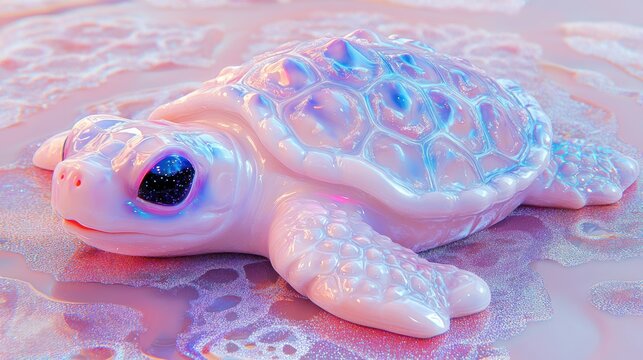Pastel pink turtle figurine on a textured surface.