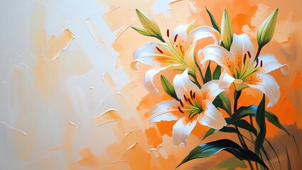 Elegant Lilies: A Vibrant Oil Painting of White Lilies on an Orange Background