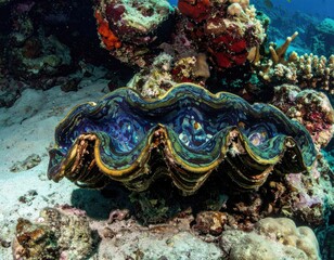 Giant Clam in Aquatic Paradise: This image encapsulates the serene beauty of an underwater realm, a vibrant giant clam showcasing its intricate patterns, nestled amid the stunning coral reefs.
