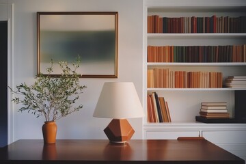 Elegant Home Office Workspace Background With Books, Lamp, And Plant Creating A Professional Atmosphere For Virtual Meetings