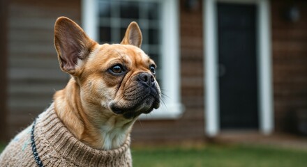 French bulldog wearing a sweater outside a wooden house