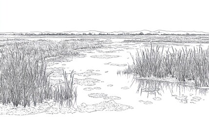 Grassy Wetland Landscape Drawing