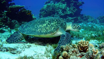 Fototapeta premium Sea Turtle's Underwater Paradise: A majestic sea turtle navigates the vibrant coral reef, gliding gracefully through the turquoise water. This image evokes serenity and the marvels of underwater life.