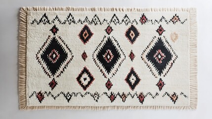 Hand woven wool rug featuring symmetrical shapes neatly arranged a white backdrop