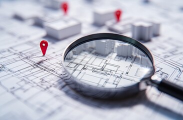 Architectural blueprint magnified with a magnifying glass and location markers