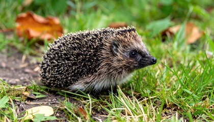 Hedgehog on a Nature Stroll: A curious hedgehog navigates the lush greens and earthy tones of its natural environment. Its prickly coat blends with the textured ground.