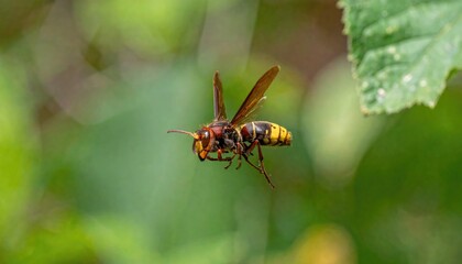 Hornet in Flight: A macro shot captures a hornet mid-flight, showcasing its vibrant colors and intricate wing patterns against a blurred natural backdrop.